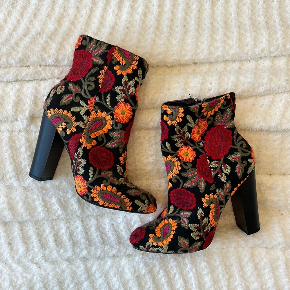 Floral Embroidered Black Ankle Boots - Women's High Heel Booties